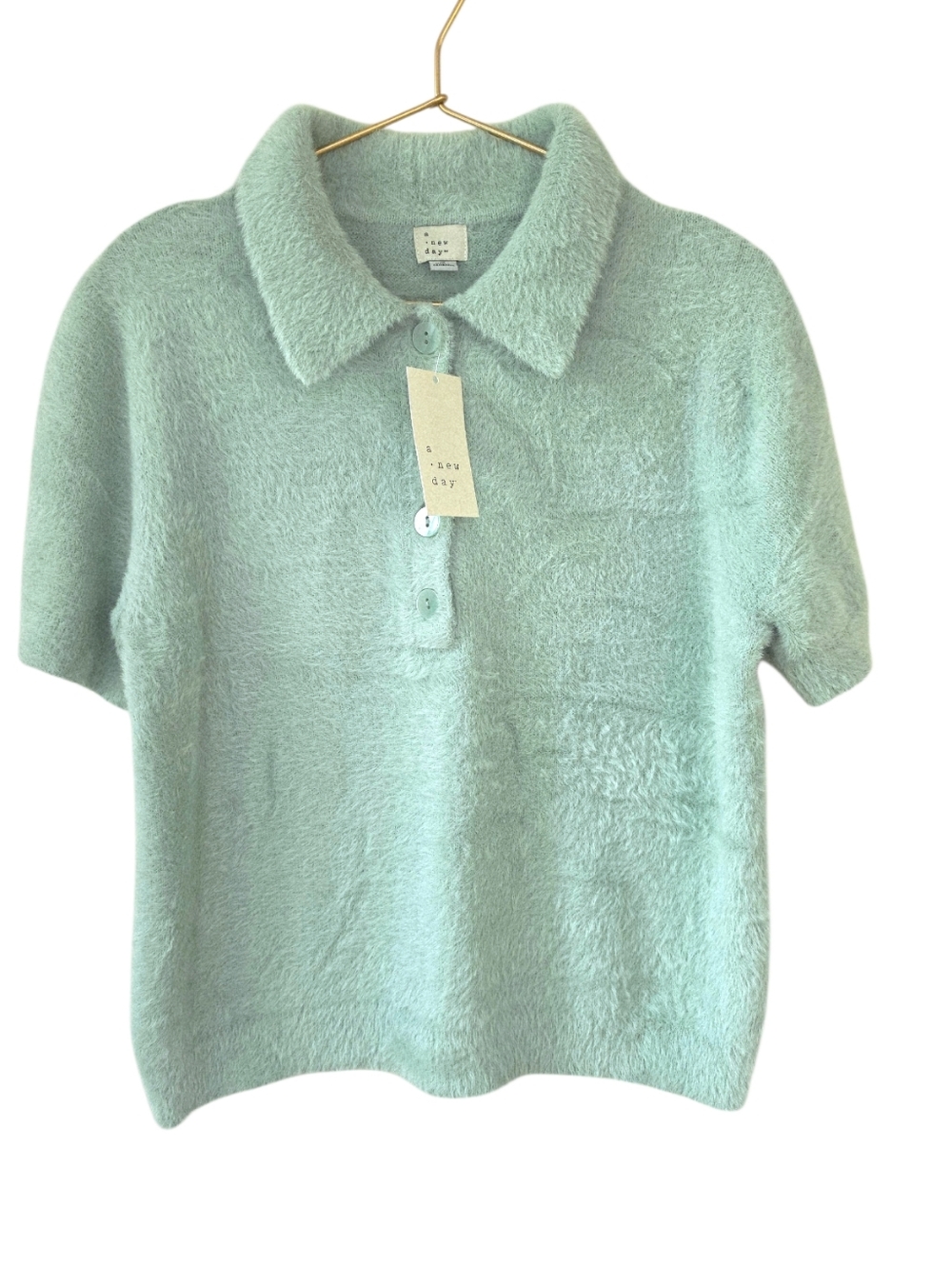 A New Day Green Fuzzy Short Sleeve Polo Style Sweater Medium NWT